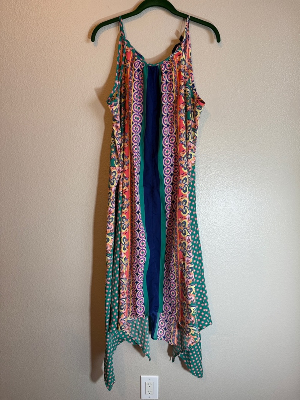 Colorful Boho Midi Dress M Handkerchief Hem Flowy Resort Vacation Mlle Gabrielle